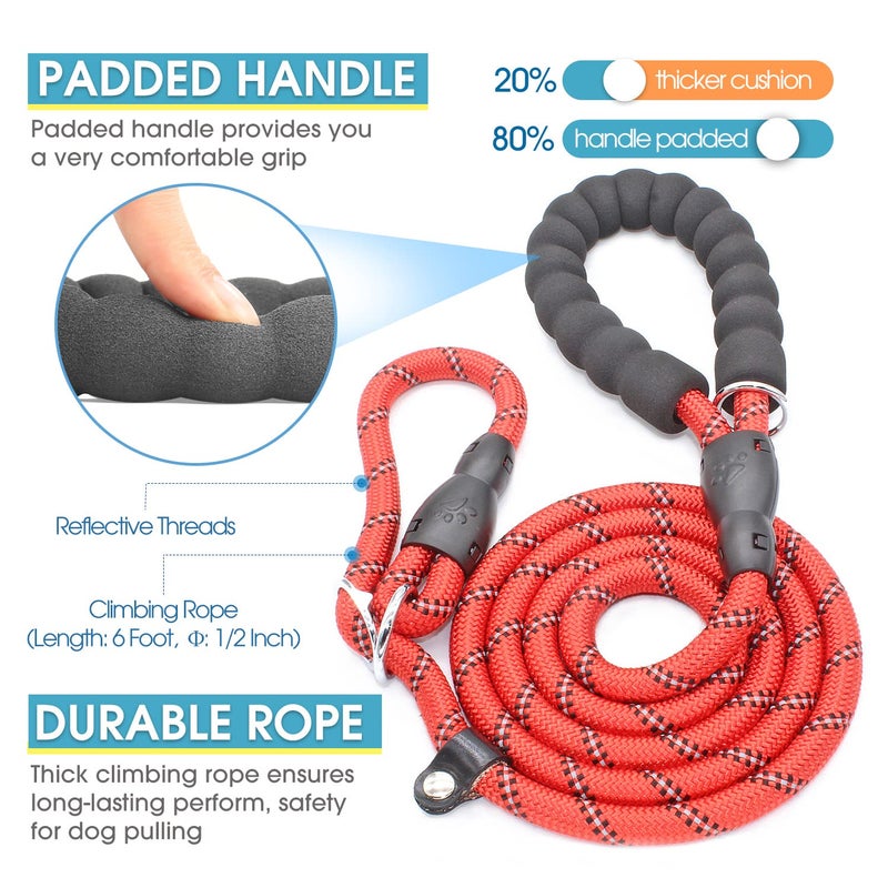 BAAPET 6 Feet Slip Lead Dog Leash Anti-Choking with Upgraded Durable Rope Cover and Comfortable Padded Handle for Large, Medium, Small Dogs Trainning with Poop Bags and Dispenser (Red) - Image 2